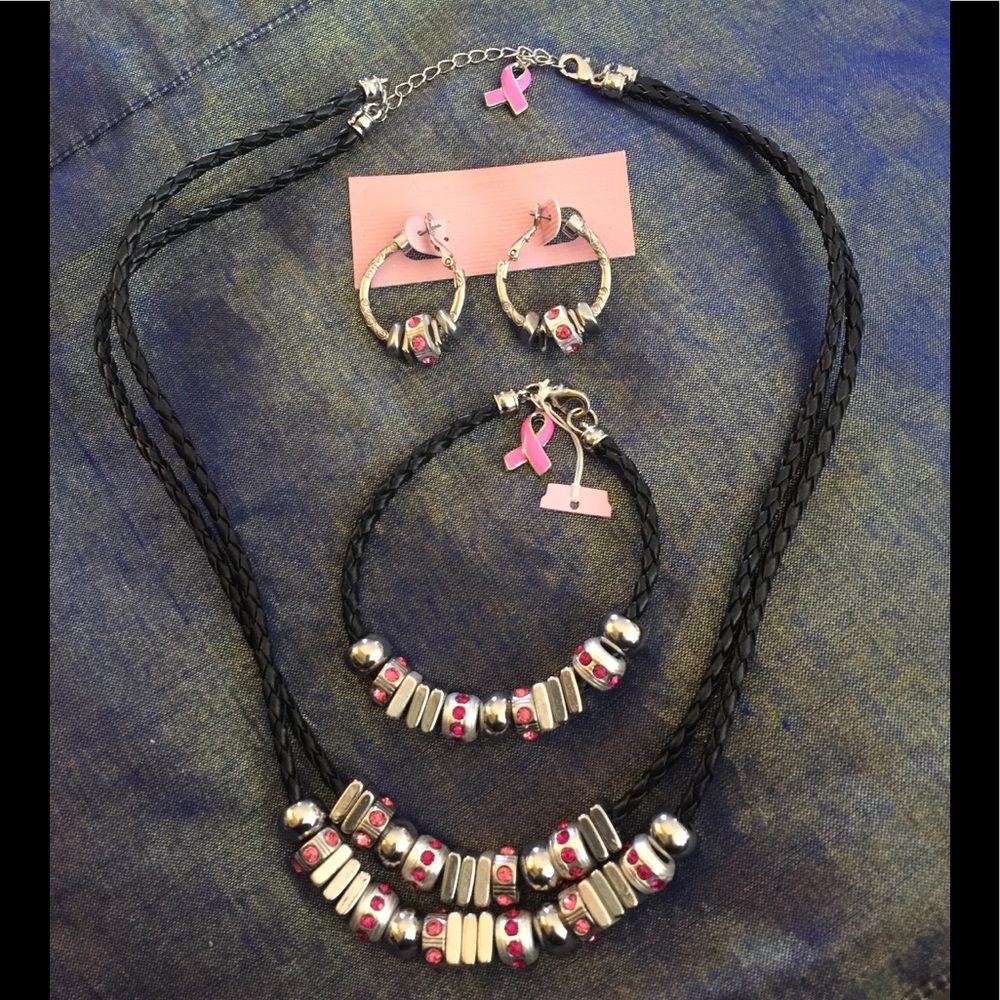 Black Rope Silver Tone, Pink Crystal, Beaded Breast Cancer Jewelry Set NEW!